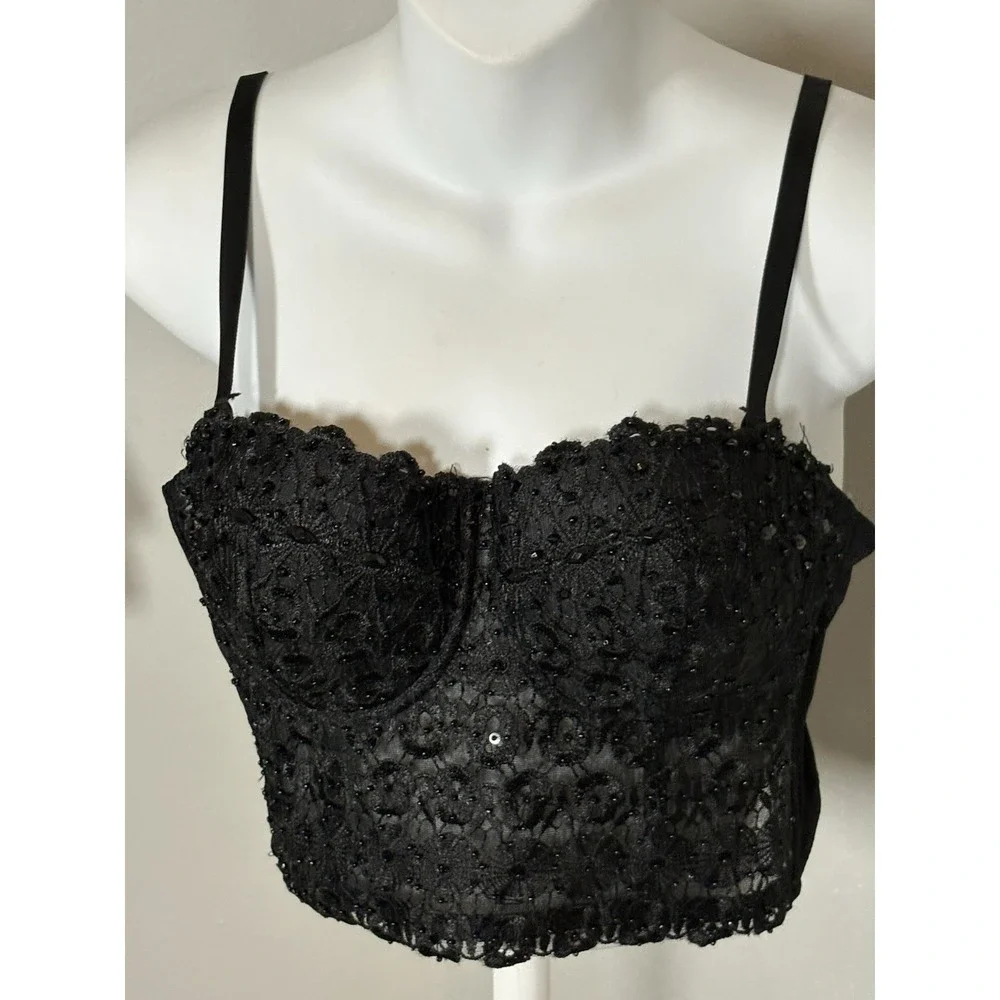 Windsor Black Lace Bustier Corset Top DS4017 100% Linen Floral Size L Adjustable